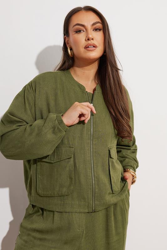 YOURS Plus Size Khaki Green Linen Bomber Jacket | Yours Clothing 5
