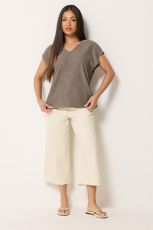 M&Co Petite Mocha Brown Crinkle V-Neck T-Shirt | M&Co 1
