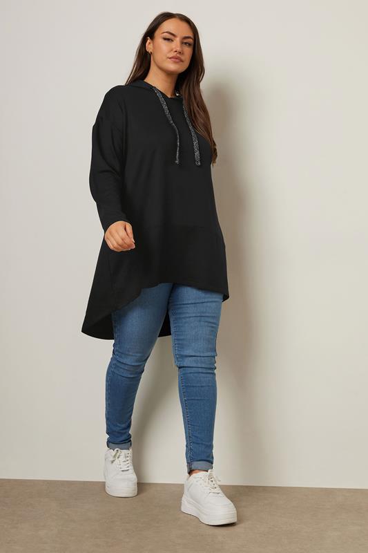 YOURS Plus Size Black Metallic Drawstring Hoodie | Yours Clothing 2