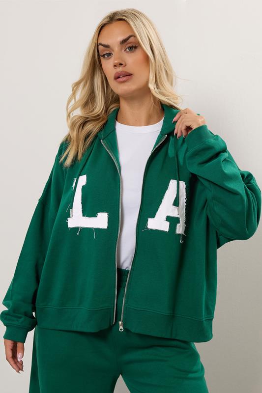 YOURS Plus Size Green 'LA' Zip Hoodie | Yours Clothing 1