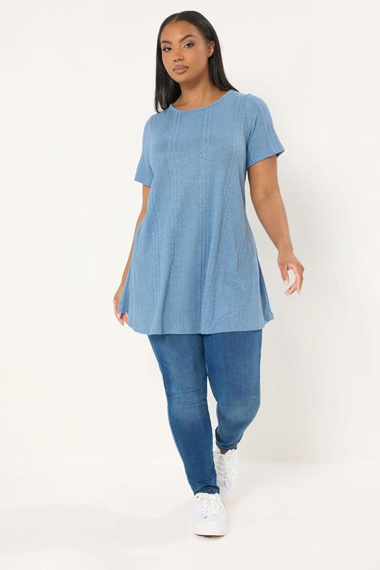 YOURS Plus Size Blue Soft Touch Ribbed Swing T-Shirt | Yours Clothing 1