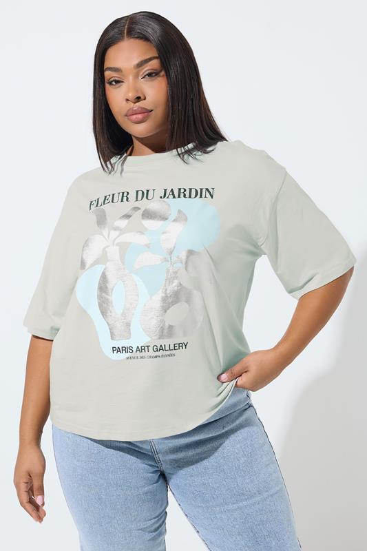 LIMITED COLLECTION Plus Size Grey 'Fleur Du Jardin' Foil Detail T-Shirt | Yours Clothing 1