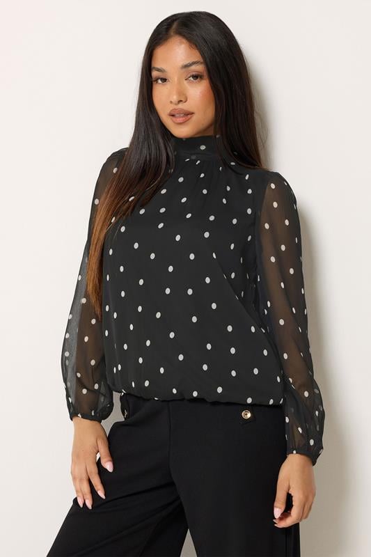  M&Co Petite Black Spot Print Tie Neck Chiffon Blouse