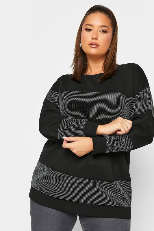Plus Size  YOURS LUXURY Curve Black & Silver Block Stripe Long Sleeve Sweatshirt