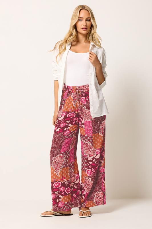  M&Co Red Abstract Floral Print Wide Leg Trousers