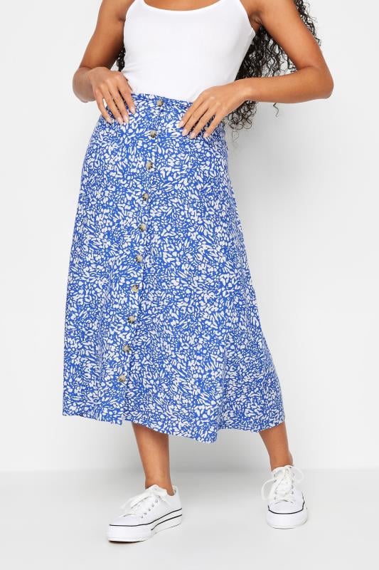 Women's  M&Co Petite Blue & White Linen Animal Print Button Midi Skirt