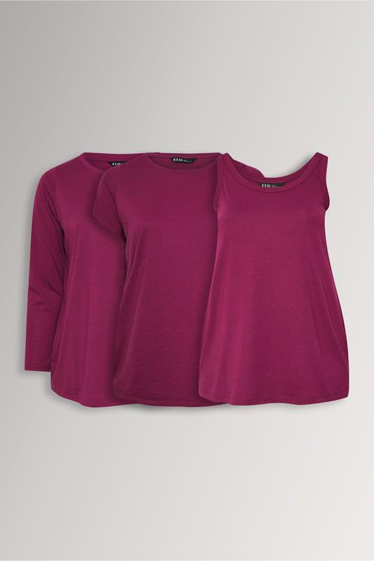 YOURS Plus Size 3 PACK Dark Pink Core T-Shirt Essentials Set | Yours Clothing 1