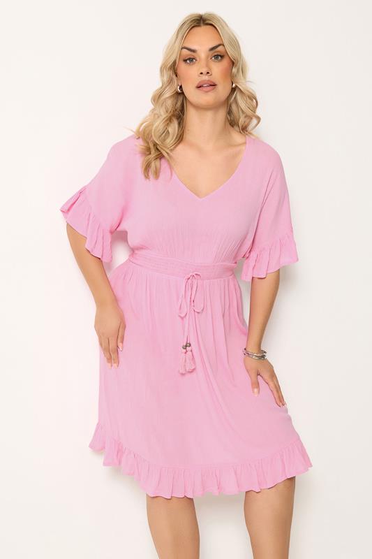 YOURS Curve Pink Crinkle Beach Dress