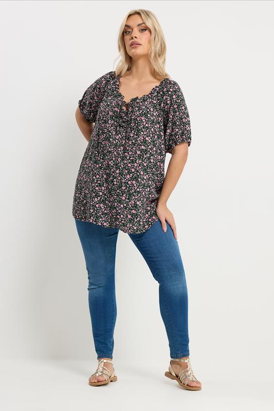 YOURS Plus Size Pink Textured Ditsy Floral Print Top | Yours Clothing 1