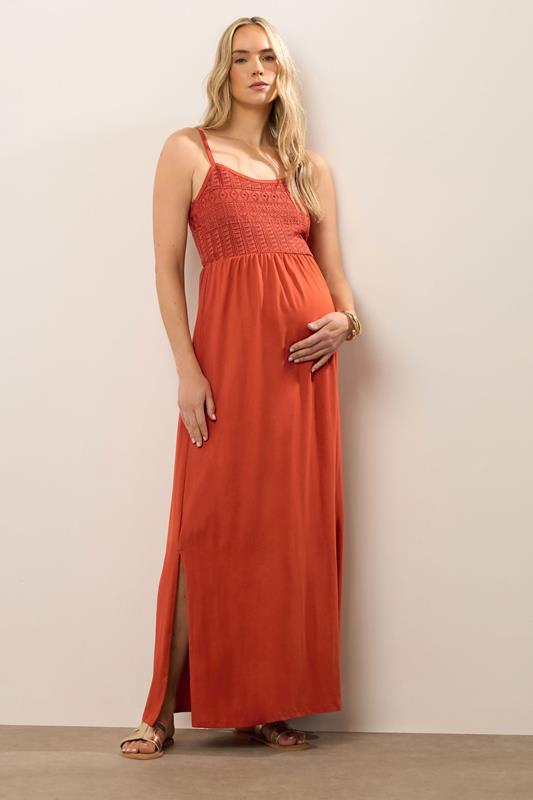 LTS Tall Maternity Rust Orange Cotton Crochet Bust Maxi Dress | Long Tall Sally 1