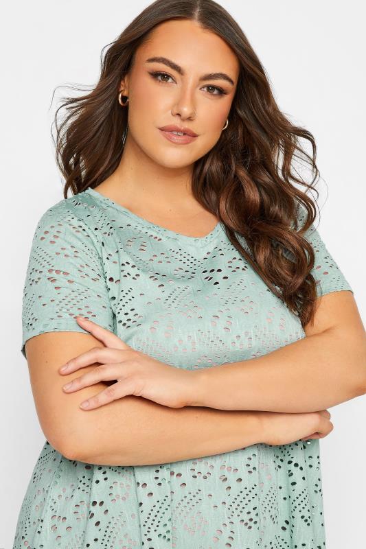 YOURS Curve Mint Green Plus Size Broderie Anglaise Swing T-Shirt | Yours Clothing 4
