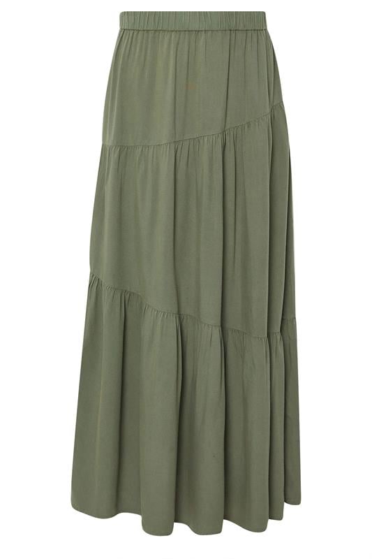 PixieGirl Petite Women's Khaki Green Asymmetric Tiered Maxi Skirt | PixieGirl 5
