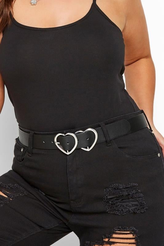 Plus Size Belts Yours Black & Silver Double Heart Belt