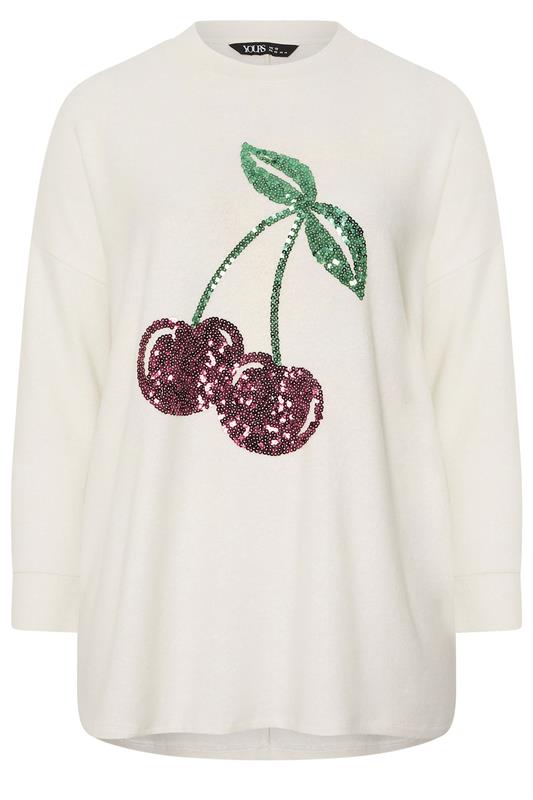 YOURS Plus Size Cream Cherry Sequin Embellished Jumper | Yours Clothing 5