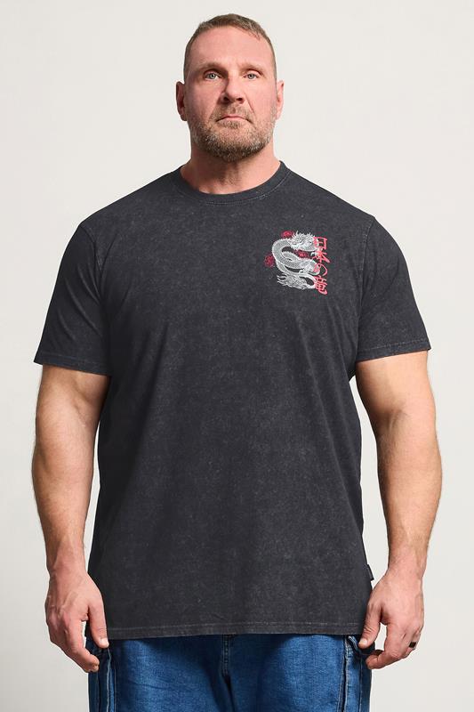 BadRhino Big & Tall Black Extra Long Acid Wash Dragon Graphic T-Shirt | BadRhino 1