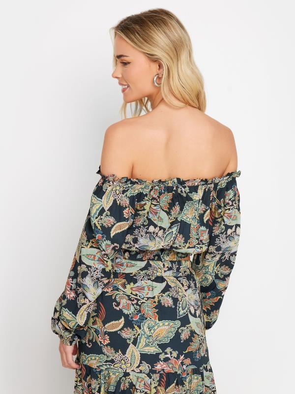 PixieGirl Petite Navy Blue Paisley Print Bardot Top | PixieGirl 2
