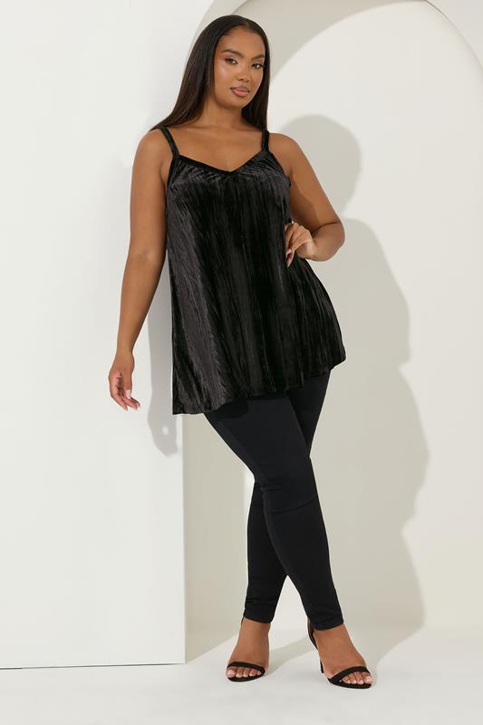 YOURS Plus Size Black Crushed Velour Cami Vest Top | Yours Clothing 1