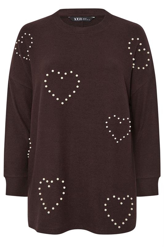YOURS Plus Size Chocolate Brown Pearl Embellished Soft Touch Jumper | Yours Clothing 5