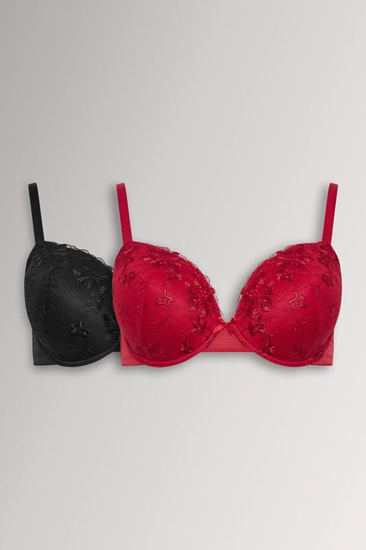 YOURSET Curve 2 PACK Red & Black Floral Embroidered Padded Bra