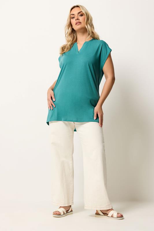 YOURS Plus Size Teal Blue Notch Neck T-Shirt | Yours Clothing 2