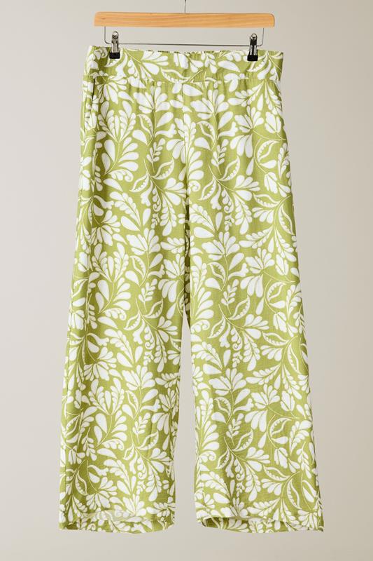 EVANS Plus Size Chartreuse Green Leaf Print Wide Leg Trousers | Evans 7