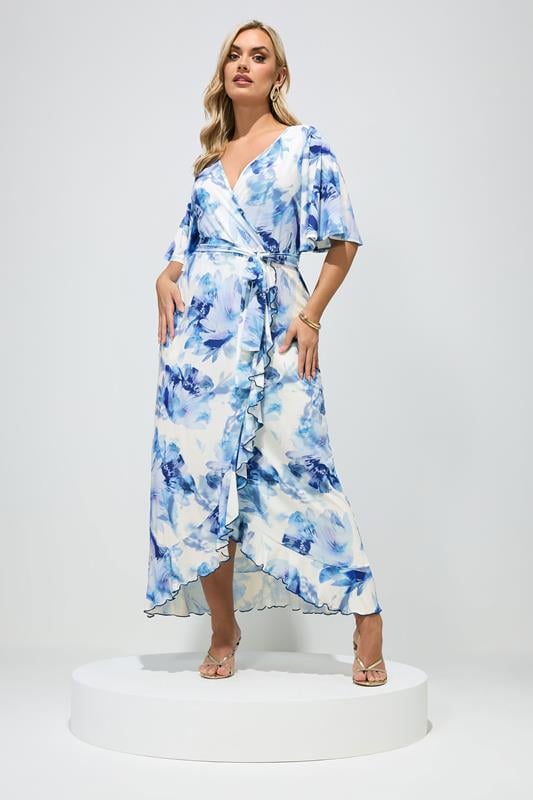 YOURS LONDON Curve White & Blue Floral Wrap Dress