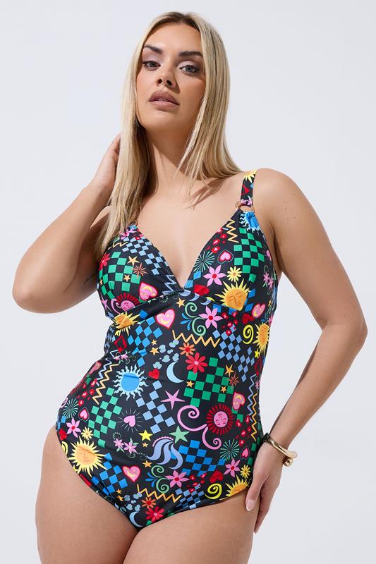 LIMITED COLLECTION Curve Black Mixed Print Swimsuit