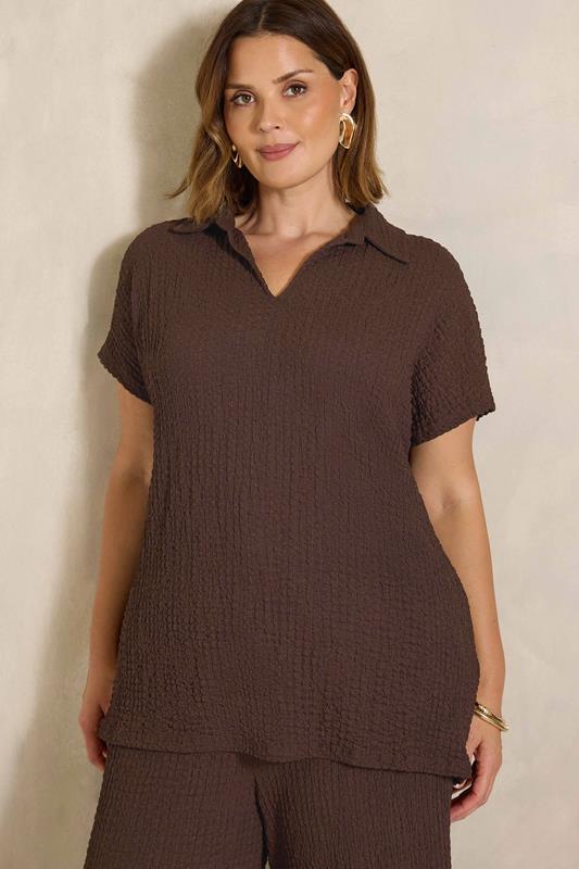 EVANS Plus Size Chocolate Brown Crinkle Short Sleeve Top | Evans 1