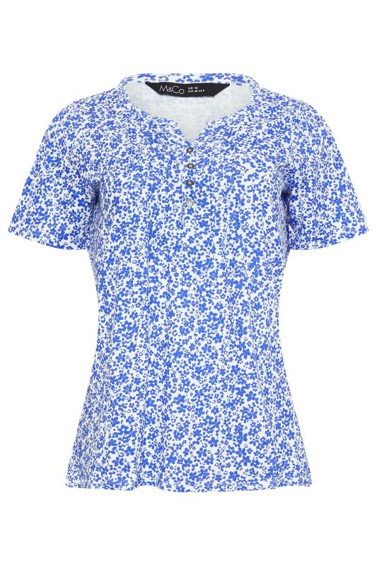 M&Co Blue Flower Print Short Sleeve Cotton Henley Top | M&Co 5