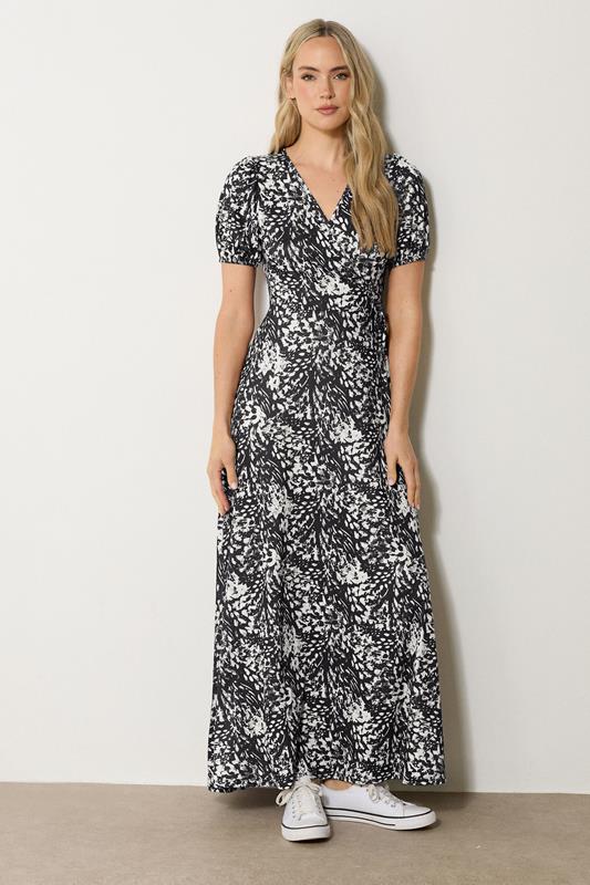 LTS Tall Black Abstract Animal Wrap Maxi Dress | Long Tall Sally 1