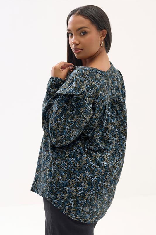 YOURS Plus Size Blue Ditsy Floral Print Frill Top | Yours Clothing 2