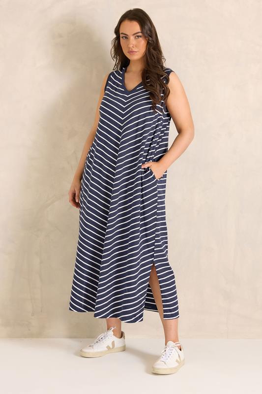 EVANS Plus Size Navy Blue Stripe Sleeveless Premium Cotton Dress 1