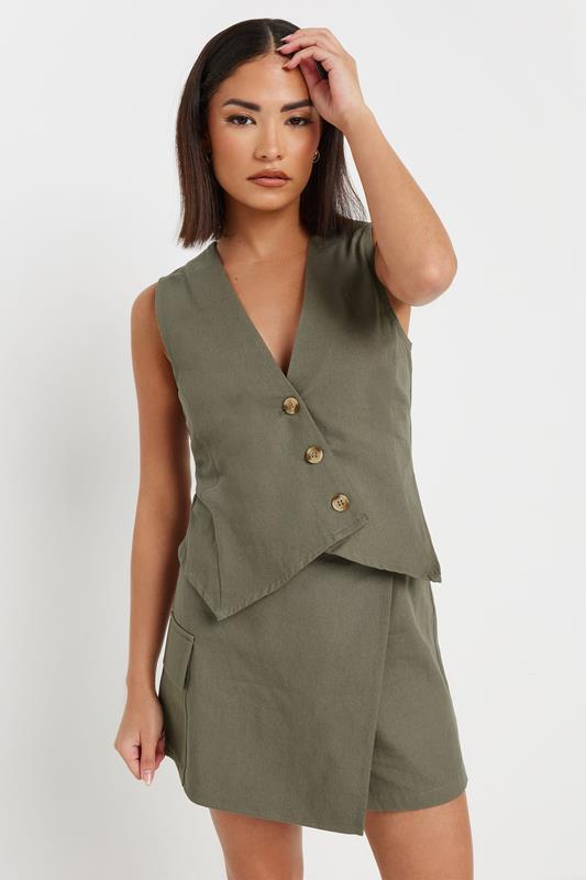 PixieGirl Petite Women's Khaki Green Asymmetric Button Cotton Waistcoat | PixieGirl 6