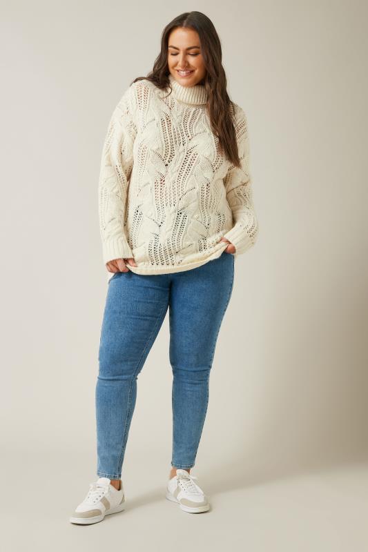 EVANS Plus Size White Roll Neck Stitch Detailing Knitted Jumper | Evans 2