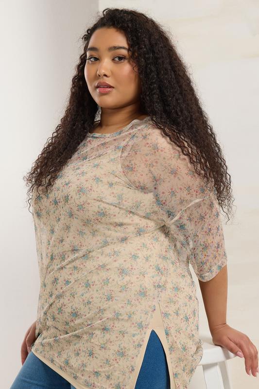 YOURS Plus Size Natural Brown & Blue Floral Oversized Mesh Top | Yours Clothing 4