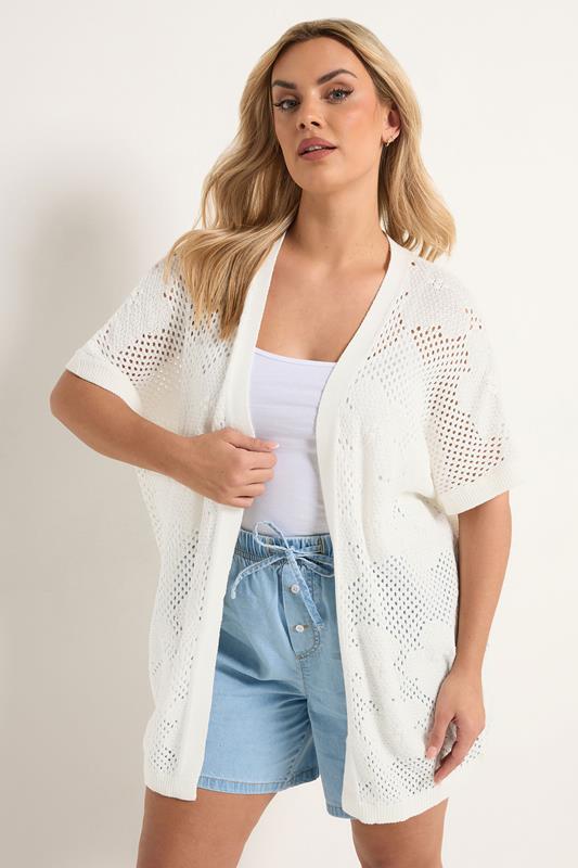 YOURS Curve Ivory White Pointelle Floral Cardigan