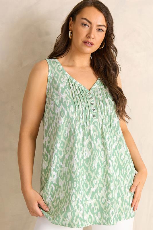EVANS Plus Size Green Ikat Print Sleeveless Henley Top | Evans 1
