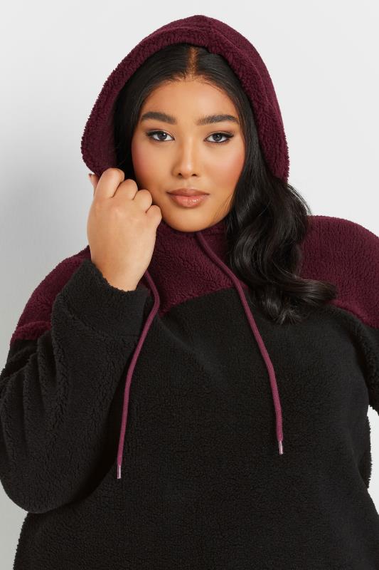 YOURS Plus Size Black & Burgundy Red Colourblock Teddy Fleece Hoodie | Yours Clothing  4