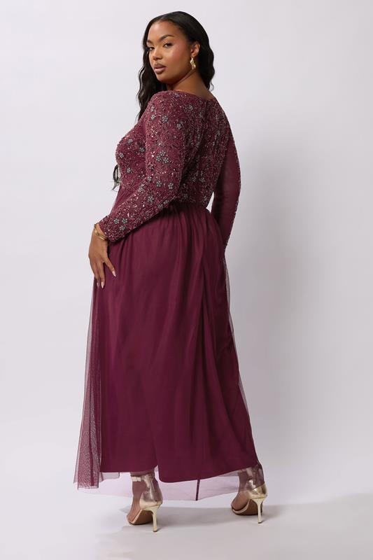 LUXE Plus Size Burgundy Red Sequin Floral Hand Embellished Maxi Dress | Yours Clothing 2