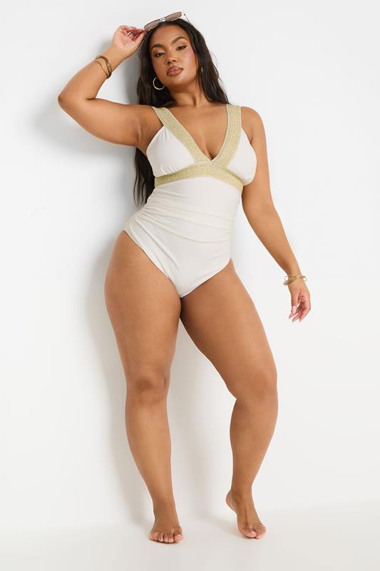 YOURS Plus Size White Metallic Tummy Control Swimsuit | Yours Clothing 2