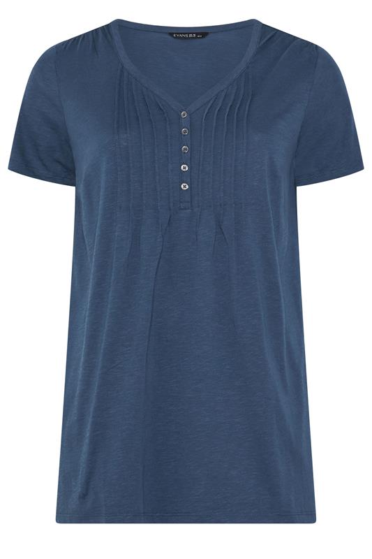 EVANS Plus Size Navy Blue Short Sleeve Cotton Henley Top | Evans 5