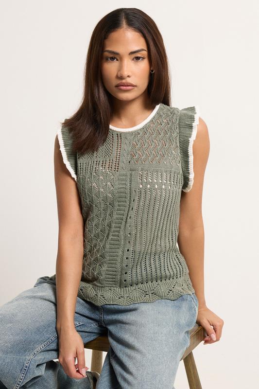 PixieGirl Petite Sage Green & Ivory White Crochet Vest Top