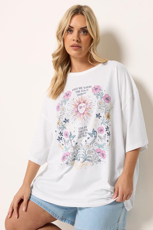 YOURS Curve White Floral & Sun Graphic Boxy T-Shirt