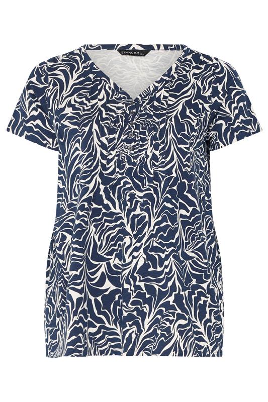 EVANS Plus Size Navy Blue Abstract Print Premium Cotton Henley Top | Evans 5