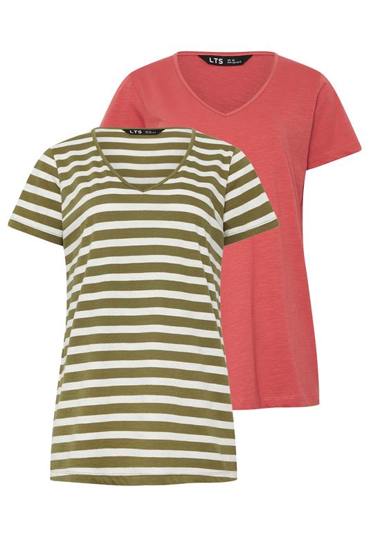 LTS Tall 2 PACK Coral Orange & Khaki Green Stripe Cotton T-Shirts | Long Tall Sally 7