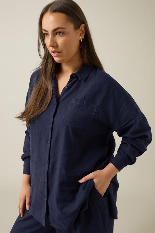 EVANS Plus Size Navy Blue Long Sleeve Premium Linen Shirt | Evans 1