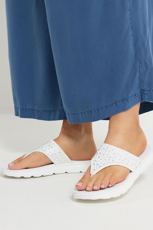 White Diamante T-Bar Sandals In Wide E Fit