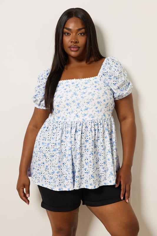 YOURS Plus Size White Floral Broderie Anglaise Peplum Top | Yours Clothing 1