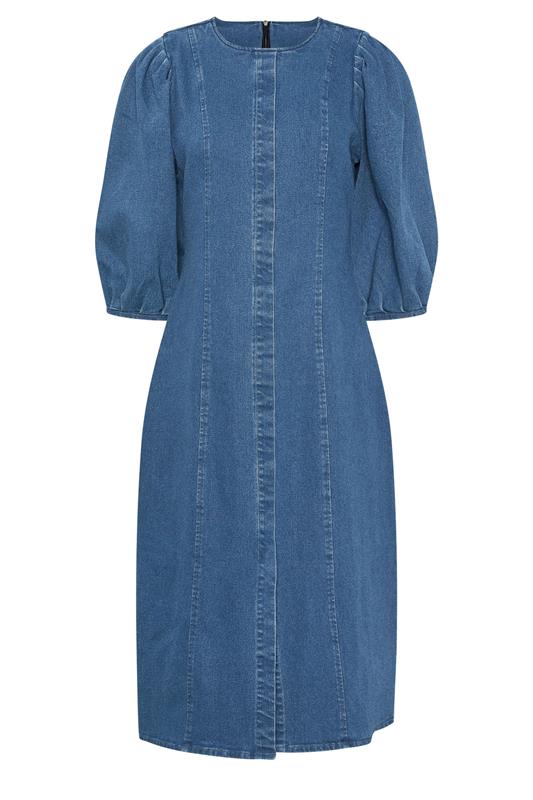 PixieGirl Petite Women's Mid Blue Puff Sleeve Cotton Midi Dress | PixieGirl 7