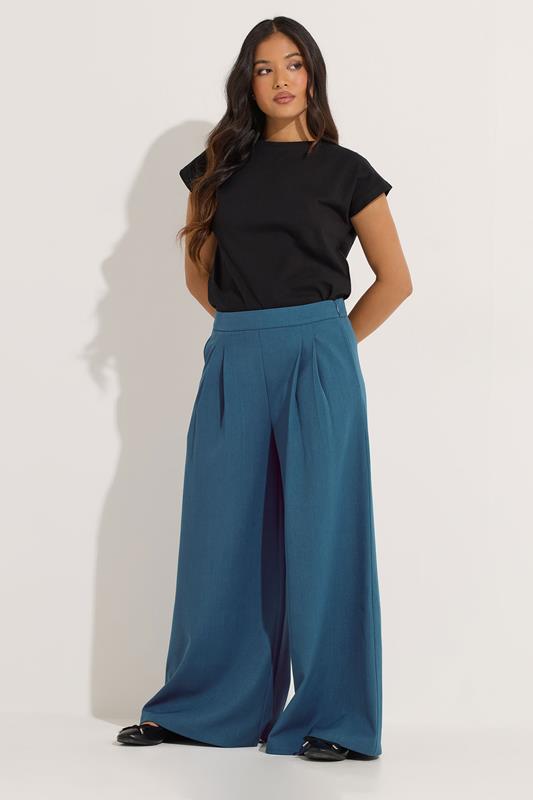 PixieGirl Petite Women's Teal Blue Pleat Front Palazzo Trousers | PixieGirl 1